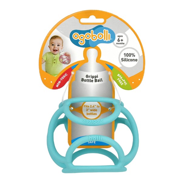 OgoBolli Grippi Teether Ring Tactile Sensory Ball and Baby Bottle Holder for Babies & Toddlers - Stretchy, Squishy, Soft, Non-Toxic Silicone - Boys and Girls Age 6+ Months - Blue