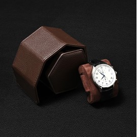 Oirlv Luxury Hexagonal Leather Watch Travel Case Single Watch Box for Men Portable Jewelry Storage Roll Organizer(1-Slot,Brown)
