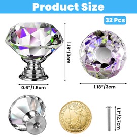 Pafeooui 32pcs Diamond Clear Crystal Knobs Dresser knobs, 30mm Drawer Knobs, Glass Cabinet Pulls Handles with Screws for Kitchen, Office, Bathroom