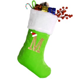 20 Inches Monogram Christmas Stockings with Letters, Large Super Soft Christmas Stockings Green Velvet with White Super Soft Plush Cuff for Christmas Xmas Tree Holiday Fireplace Green