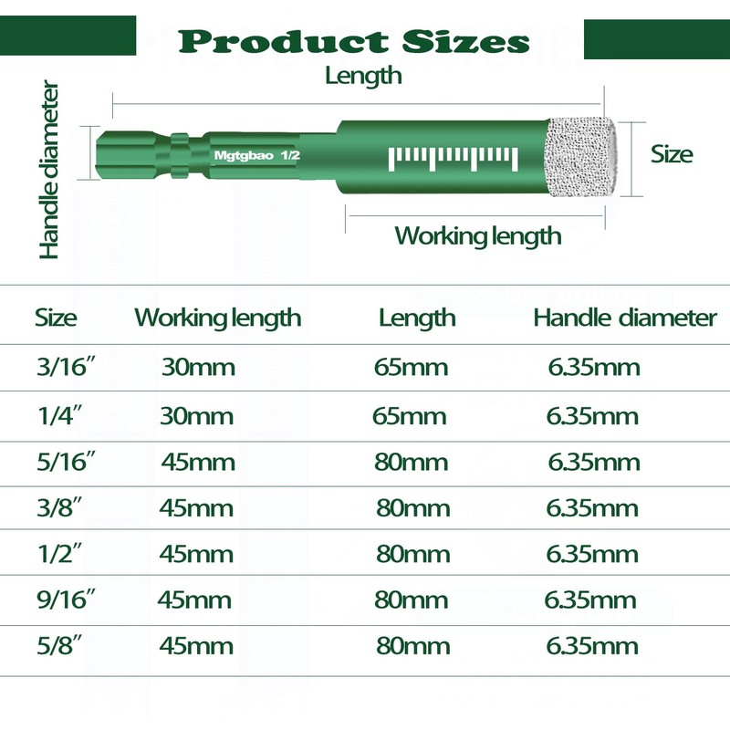 Mgtgbao 6pc Green 3/16” Dry Diamond Drill Bits Set，6PCS 5mm
