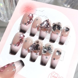 24 Pcs Ombre French Tip Press on Nails Medium Coffin Fake Nails with 3D Heart Butterfly Star Rhinestone Designs Gloss Glue on Nails Nude Translucent Full Cover Artificial Stick on Nails for Women