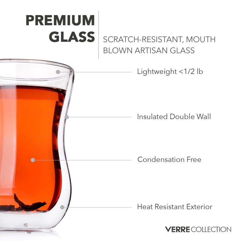 Verre Collection Turkish Tea Cups 4.25 oz, Lightweight Turkish Tea