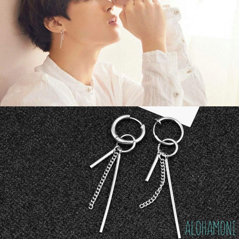 ALOHAMONI BTS Jungkook Hoop Earrings, Rods and Chains, 3-Chain Design,