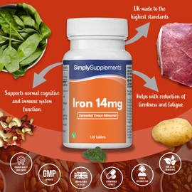 Iron Tablets 14mg | 120 Tablets = 4 Month Supply | Vegan & Vegetarian Friendly | 100% NRV | Popular Supplement for Reducing Tiredness & Fatigue | Manufactured in The UK