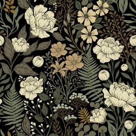 Abyssaly Blak Floral Peel and Stick Wallpaper, Vintage Rose Leaf Wallpaper Black Brown Beige for Bedroom, Vinyl Self Adhesive Removable Contact Paper Stick on Mural 17.7 in X 118 in