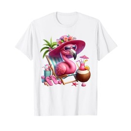 Flamingo Pink Palm Tree Tropical Beach Summer Vacation Women T-Shirt