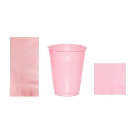 Baxters Party Bundles Bulk, Classic Pink, 40 Count 16 Ounce Plastic Cups, 50 Count Dinner Paper Napkins, 50 Count Beverage Paper Napkins, Pack Contains 140 Pieces Made in the USA
