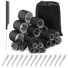 Hair Rollers for Blowout Look, 38 Count Self Grip Hair Rollers Set with 4 Sizes, 12 Count Hair Clips, Comb and Storage Bag for Hair Volume (Black) - Color: black