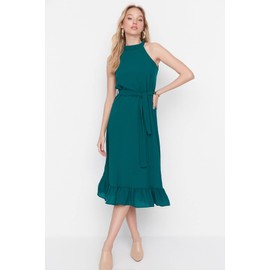 TRENDYOL Women's Midi Ruffle Hem Regular Dress, emerald green