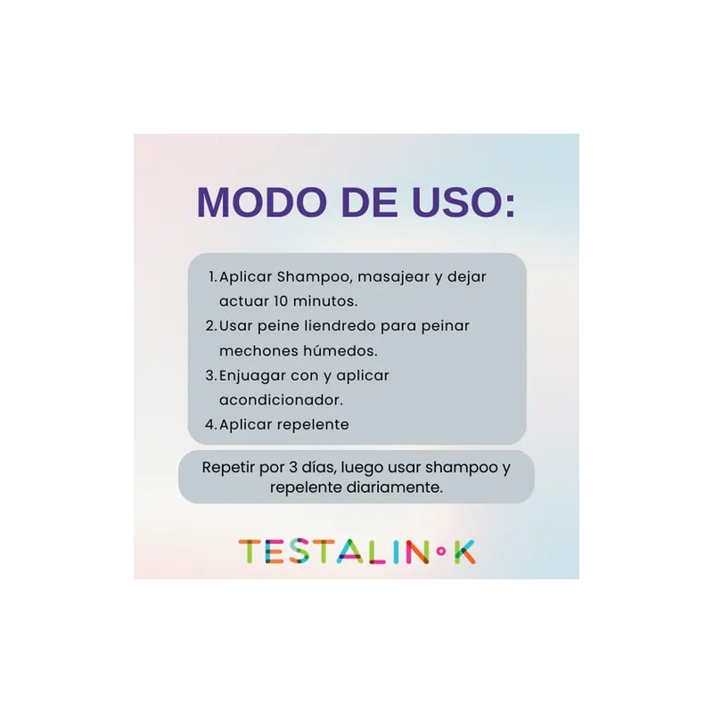 Kit Elimina Piojos, Shampoo, Lendrera, Repelente, Testalin-k