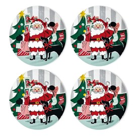 St. Nicholas Square Christmas 11-inch Melamine Dinner Plates, Set of 4, for Dining and Decorating, Jolly Santa, Tree, Dog, Stocking Scene Round Dinnerware