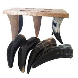 Antique Viking Drinking Horn Set of 4 Mead & Ale Goblets with Wooden Stand Norse Medieval Chalices for Home Bar, Festivals, Parties & Collector Gift