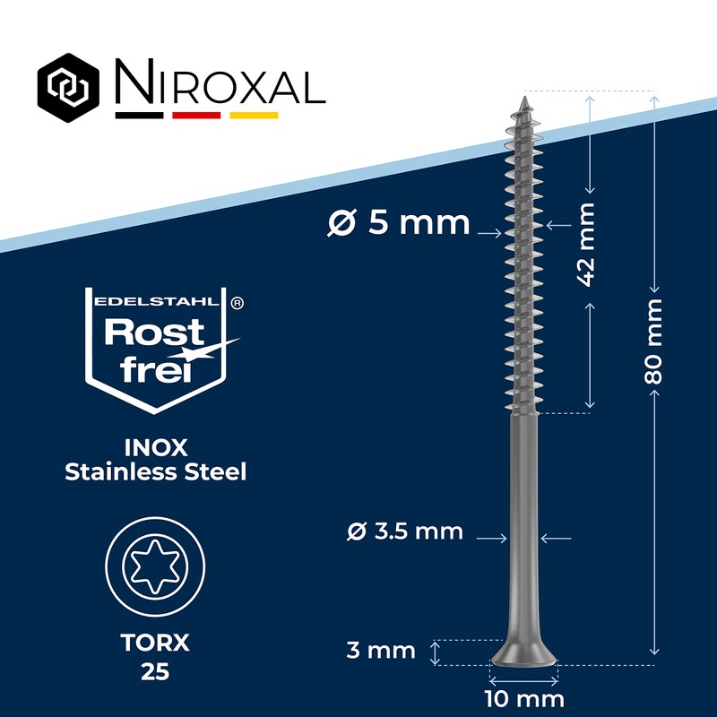 Torx Screws, Stainless Steel Screws 5x80, V2A Stainless Steel, Rustproof,