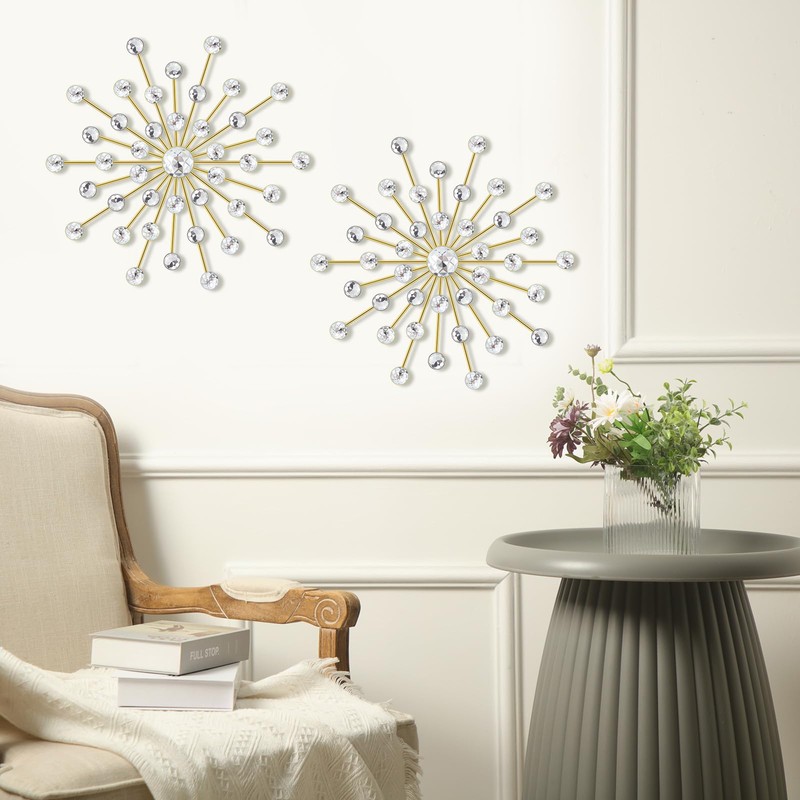 Barydat 6 Pcs Metal Rhinestones Sunburst Wall Decor Bling Crystal