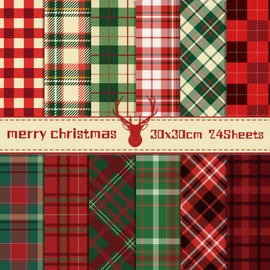 24-Sheet Christmas Pattern Paper Pack, Plaid Scrapbook Specialty Paper, Double-Sided Collection for Card Making & Decorative Crafts