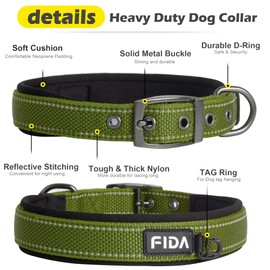 Fida Padded Dog Collar, Metal Belt Buckle Dog Collar with Double-Layer Webbing, Heavy Duty Collar for Small Dogs, Green