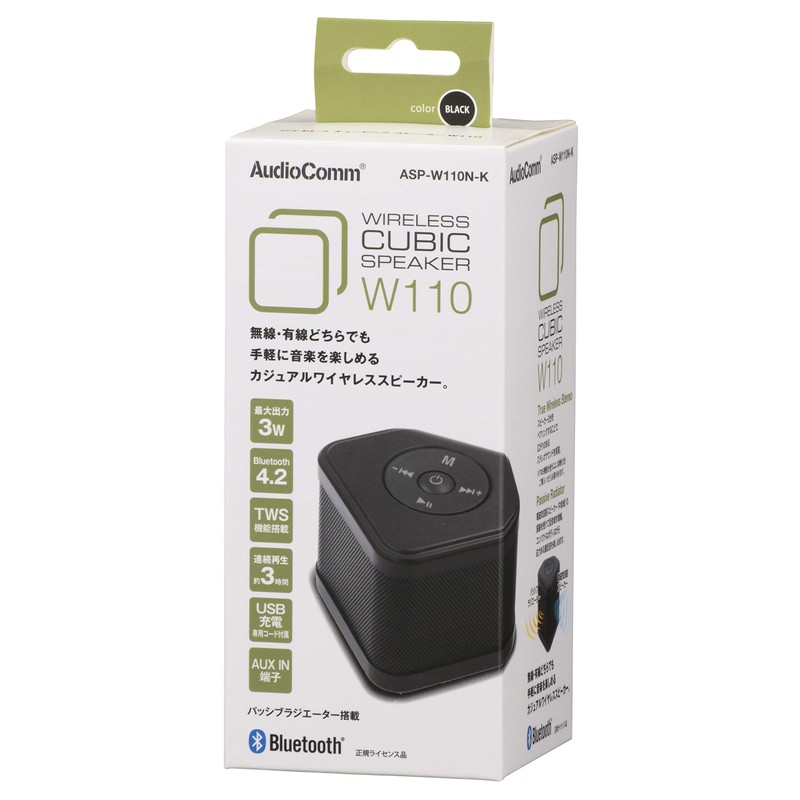 Ohm AudioComm Bluetooth Wireless Speaker Cubic Speaker Black ASP-W110N-K 03-3178