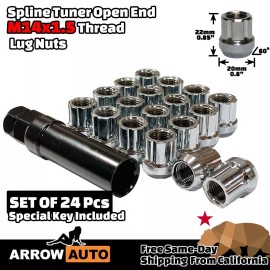 ARROW 24x Chrome M14x1.5 Spline Tuner Open End Lug Nuts Fit GMC Saturn UAZ