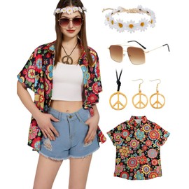 Hippie Tops Women's Hawaiian Blouse Costume Set Flower Power Shirt Women Vintage Outfit Shirt 70s Clothing Casual Retro Tops Carnival Fancy Dress Costume, black, L