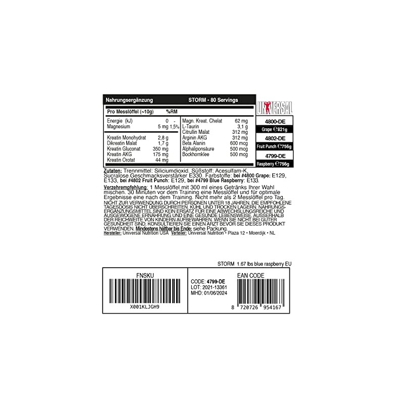 Universal Nutrition Storm Blue Raspberry Powder 827g