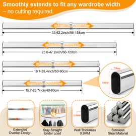WARDENIX Closet Rods for Hanging Clothes, 34 to 62 Inches Stepless Extendable Stainless Steel Closet Pole, Heavy Duty Clothes Rod for Closet Wardrobes Laundry RV, Flat Oval, Chrome
