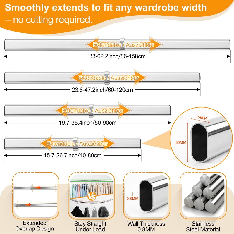 WARDENIX Closet Rods for Hanging Clothes, 34 to 62 Inches