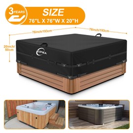 Kipiea 600D Outdoor Waterproof Square Hot Tub Cover Protector, Heavy Duty Polyester SPA Cover UV Protection Cover 76" L x 76" W x 20" H, Black