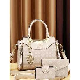 ZK&WK Women's Elegant Leaf Embossed Pu Leather Handbag & Wallet & Purse, Fashionable Large Capacity Tote Bag Set for Daily Use - Color: Beige, Size: one-size