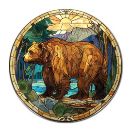 Lygond Metal Sign Tin Sign Circular Stained Glass Bear Home Decor for Patio 12×12 Inches