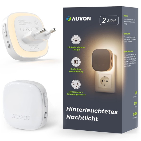 AUVON Night Light Socket with Motion Sensor and Twilight Sensor, Pack of 2 Warm White LED Backlit Night Light with 1-50 lm, Brightness Adjustable for Hallway, Stairs, Bedroom