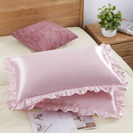 SiinvdaBZX Ruffled Standard Satin Pillowcase Set of 2, Blush Pink Silky Satin Pillow Cases for Women Ruffle Pillow Shams Covers Princess Room Decoration, with Envelope Closure