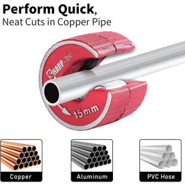Sharp-tec Pipe Cutter 15mm and 22mm, Copper Pipe Cutter with Aluminum Alloy Body, 2 Replacement Tube Cutting Wheels, Round Pipe Slice for Cutting Copper, Brass, PVC, Aluminum