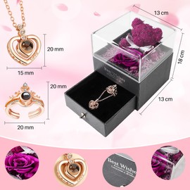 AUTOWT Preserved Rose Gifts for Women, Eternal Flower Rose Box with I Love You Necklace Ring, Romantic Gifts for Mom Grandma Wife Sweetheart on Mother’s Day Valentines Christmas Anniversary(Purple)