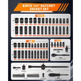 COMOWARE 83PCS 1/4” Drive Impact Socket Set, Standard SAE (5/32-9/16”) Metric Size (4-15mm),72 Tooth Ratchet Wrench Handle, CR-V Mechanics Tool Set with Adapter,Screwdriver Bits for Automotive Repair