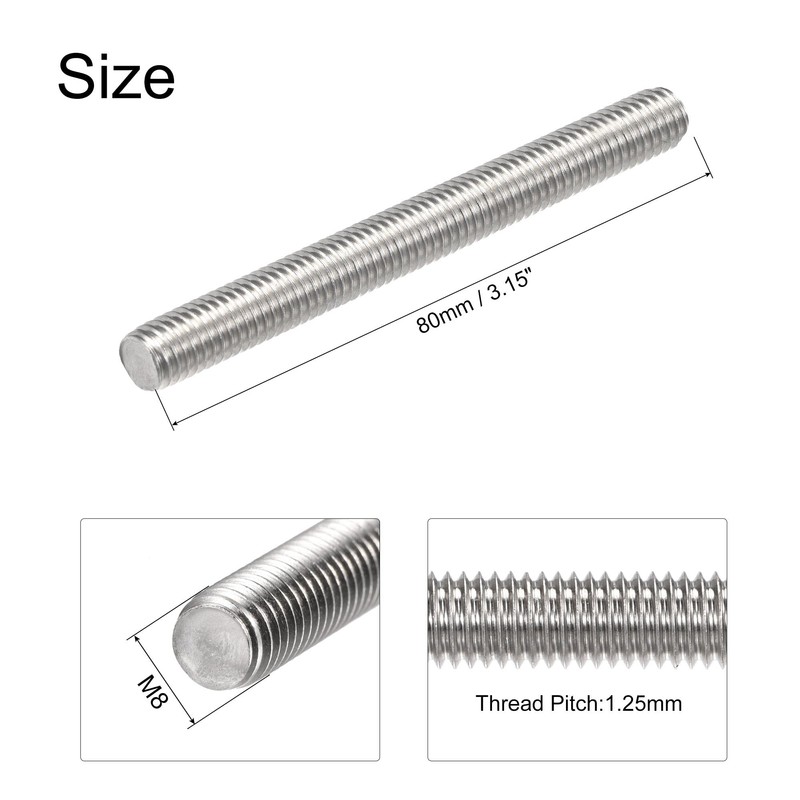 sourcing map 5Pcs M8 x 80mm Fully Threaded Rod 304
