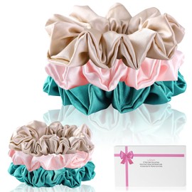 LuSeren 6 Count Silk Satin Scrunchies for Women, Hair Accessories, Assortment Sizes, Pink, Blackish, Green, Champagne