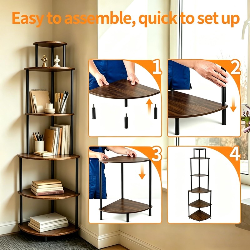 FredCache 6 Tier Corner Shelf Stand, Corner Bookshelf, Wood Storage