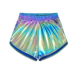 BOOPH Girls Metallic Shorts Sparkle Dance Outfits Shiny Hot Pants Athletic Shorts for Girls Blue Rainbow 6-7 Years