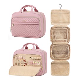 LOVEVOOK Travel Toiletry Bag for Women, Waterproof Hanging Makeup Bag with Jewelry Compartment, Portable Cosmetic Bag with Luggage Strap for Trips Camping Bathroom(Pink,12.5 Inch)