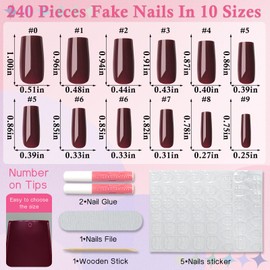 LuckForever 240pc Square Press on Nails Long Fake Nails Glue Press on Nails Square Nail Tips Full Cover Burgundy Acrylic Nails Press ons Nail False Fingernail with Glue Adhesive Tabs for Women Girls