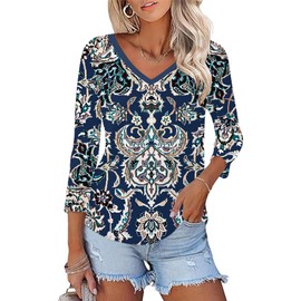 KTILG Womens 3/4 Sleeve Summer Tops Spring Trendy 2025 V Neck 3/4 Sleeve Shirts for Women Blouse Blue Old Nation L
