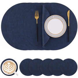 Homaxy Round Faux Leather Placemats and Coasters, Washable Dual-Side Table Mats, Wipeable Heat-Resistant Dining Place Mats for Outdoor and Indoor, Set of 6, Diameter 13 and 3.93 inch, Navy Blue