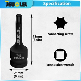 JEUCLEL T45 Torx Bit Socket, 1/2" Drive Torx Star 6 Point Impact Bit Socket, 3-Inch, Cr-Mo Steel, Screwdriver Adapter for Electric Ratchet Wrenches Fastening Screws Hand Repair