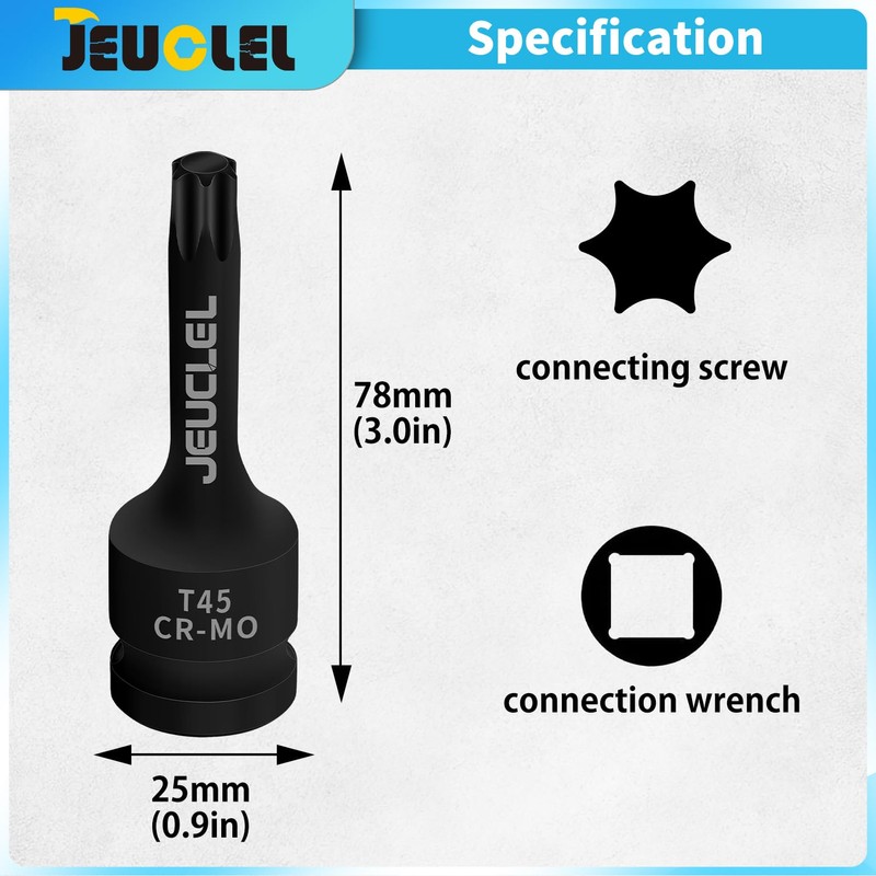 JEUCLEL T45 Torx Bit Socket, 1/2" Drive Torx Star 6