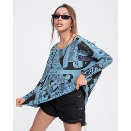 ellazhu Women's Off-Shoulder Long-Sleeved Cute Newspaper Printed Pullover Oversized Sweater Shirt GY2753 Blue