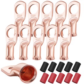 XHF 10PCS 6 AWG-3/8 Heavy Duty Battery Lugs with 3:1 Heat Shrink Tubing, Ring Terminals Battery Cable Ends Copper Eyelets Electrical Battery Connectors