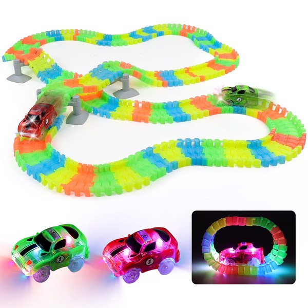 Car Track with 2 LED Race Cars Toys, 240 Pieces