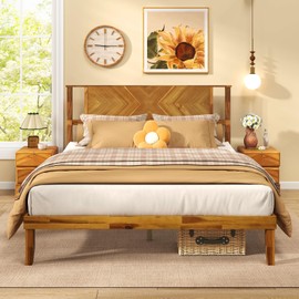 Giantex Queen Size Acacia Wood Platform Bed Frame, Mid-Century Modern Bed Frame with Headboard, Wooden Slats Support, Under-Bed Space, No Box Spring Needed, Easy Assembly, Caramel
