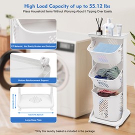 DDYOOK 360° Rolling Laundry Basket 3 Tier Storage Shelf with Wheels Removable Storage Basket Freestanding Clothes Hamper Organizer for Bathroom Living Room Bedroom (White) for Dirty Clothes